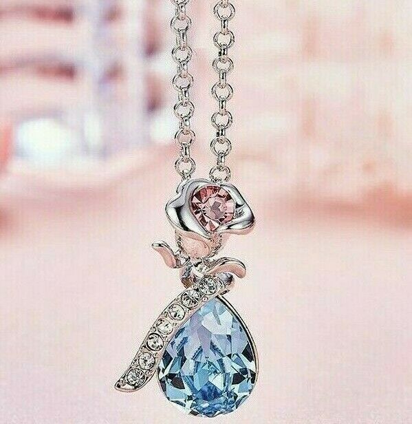 Diamond Cut Blue Topaz and Rose Pink Topaz and Teardrop Necklace ITALY MADE