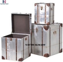 NauticalMart Silver Set of 3 Hawker Industrial Metal Storage Trunks with Straps