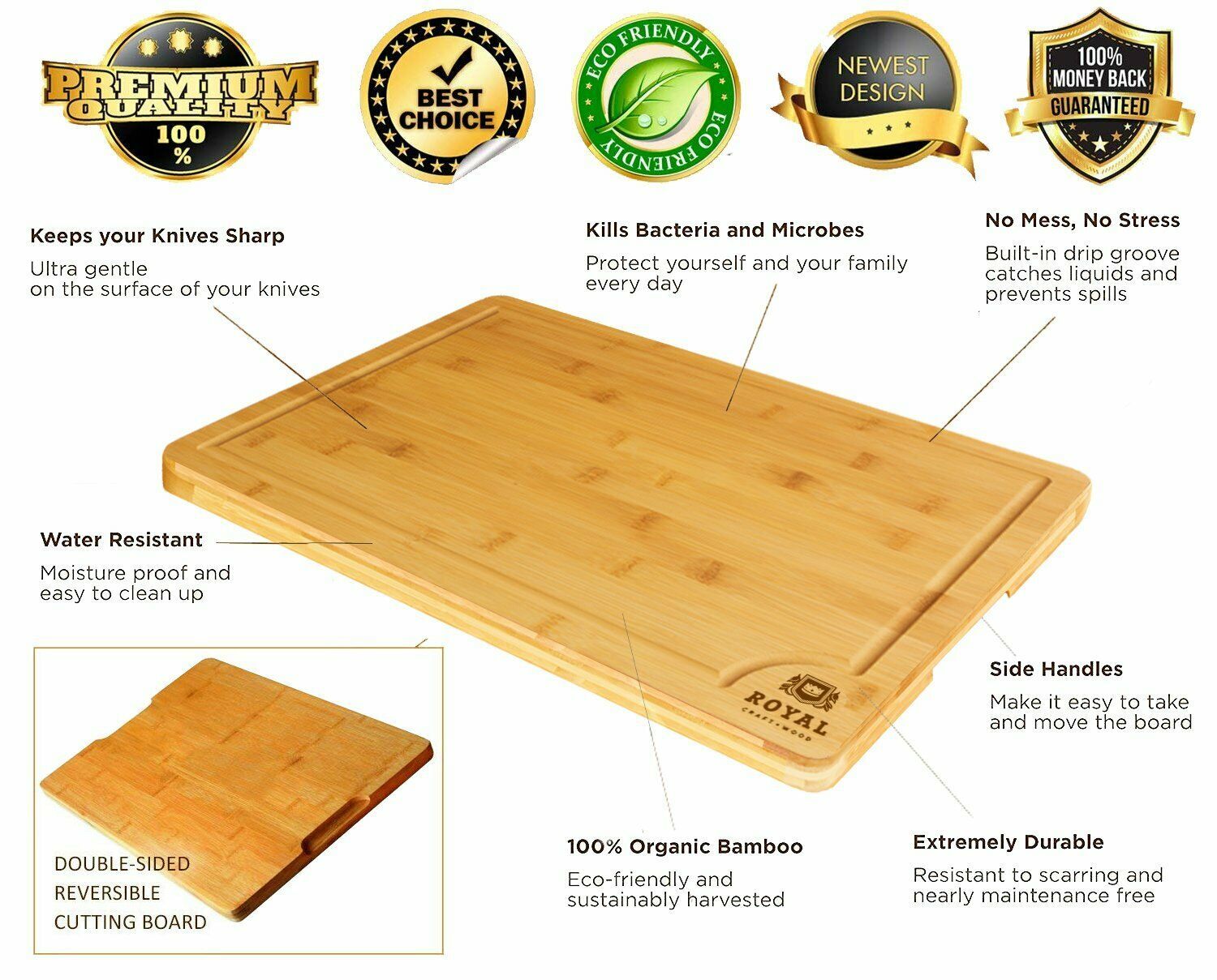 EcoFriendly Organic Bamboo Cutting Board 15" x 10" Drip Edge Anti