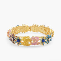 Kenneth Jay Lane KJL Gold Tone Pink Flowers Crystals Enamel Cuff Bracele... - $145.00