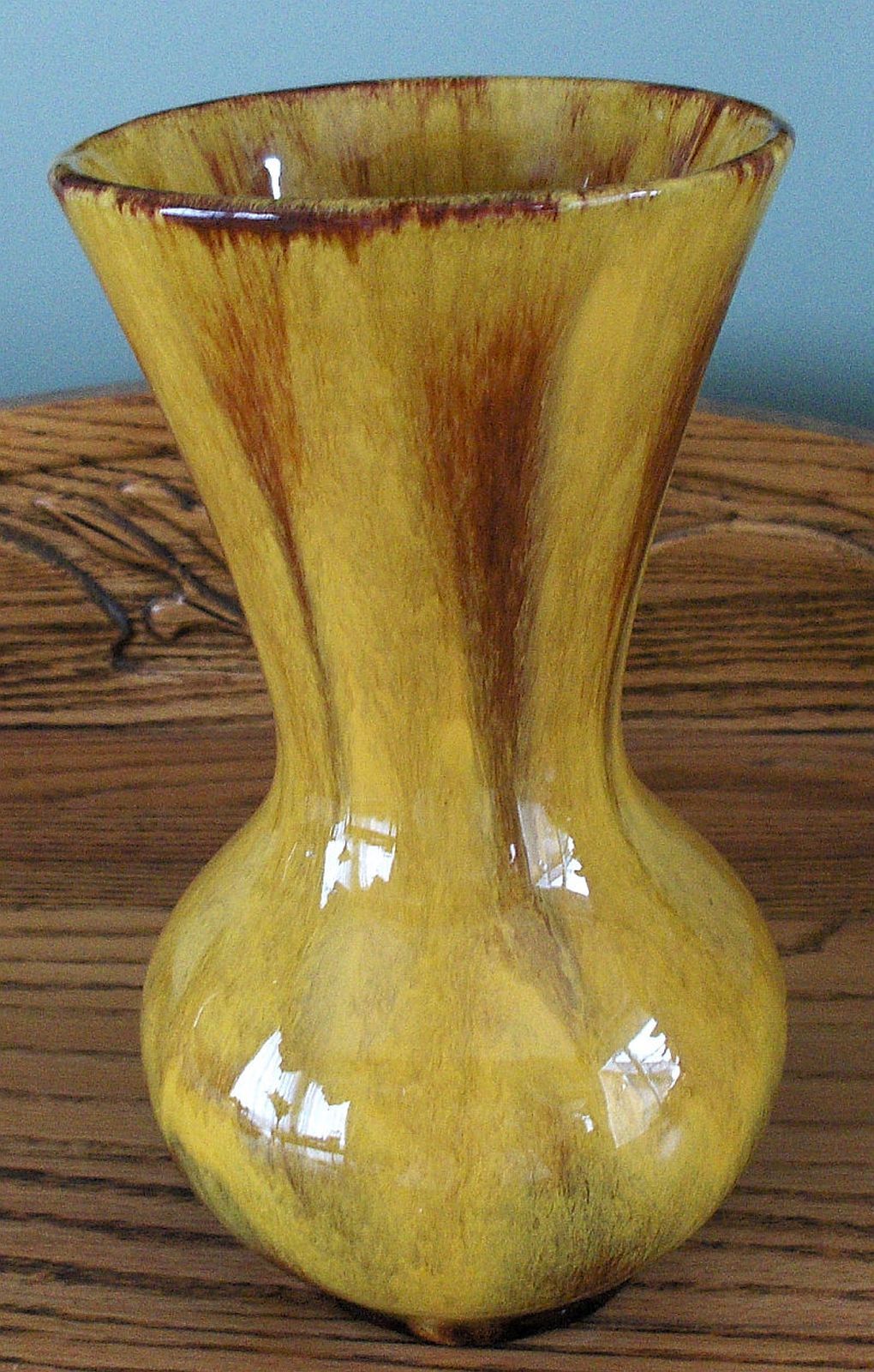 BMP Blue Mountain Pottery Harvest Gold Wide Mouth 3 Trees Vase Blue