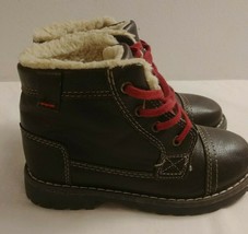 Cherokee Boys Sz 10  Brown Sherpa Lined Leather Winter Ankle Boots Red Laces - $18.50
