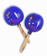 PAIR OF BLUE WOODEN MARACAS PAINTED TROPICAL DECORATION - $15.78