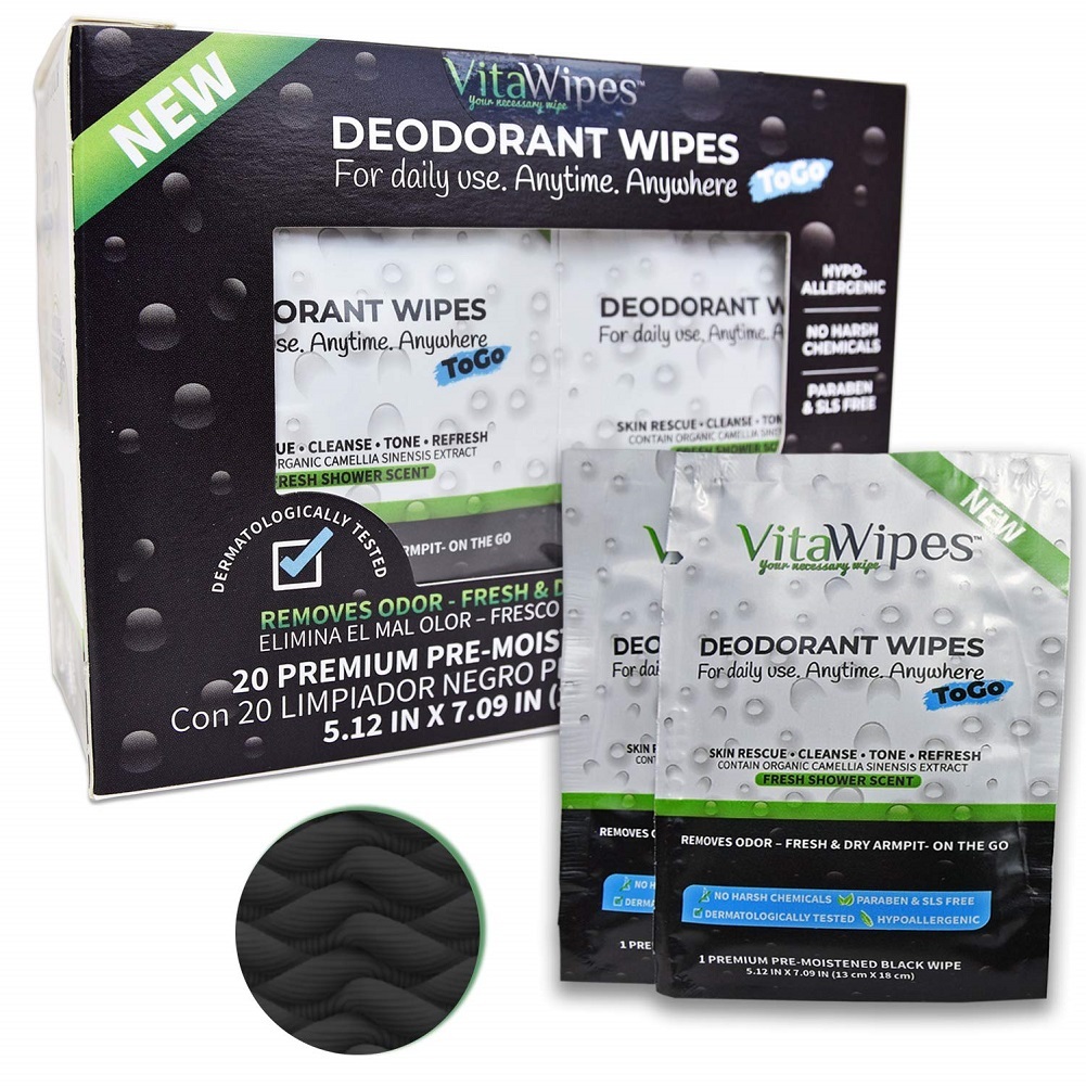 VitaWipes Underarm Vegan Deodorant wipes To Go | 20 Pre-Moistened Organic Enrich