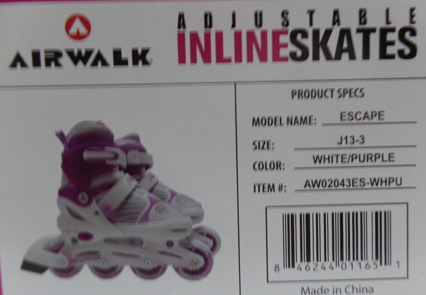 AIRWALK Youth Inline Skates Escape WHITE/PURPLE J133 Adjustable