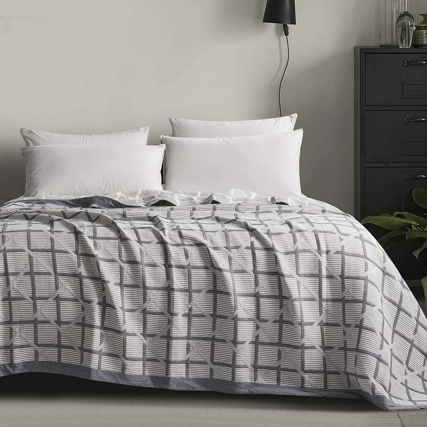 King Muslin Blanket Gray Cotton 106 x 92 Plaid Soft Shabby Chic Blanket