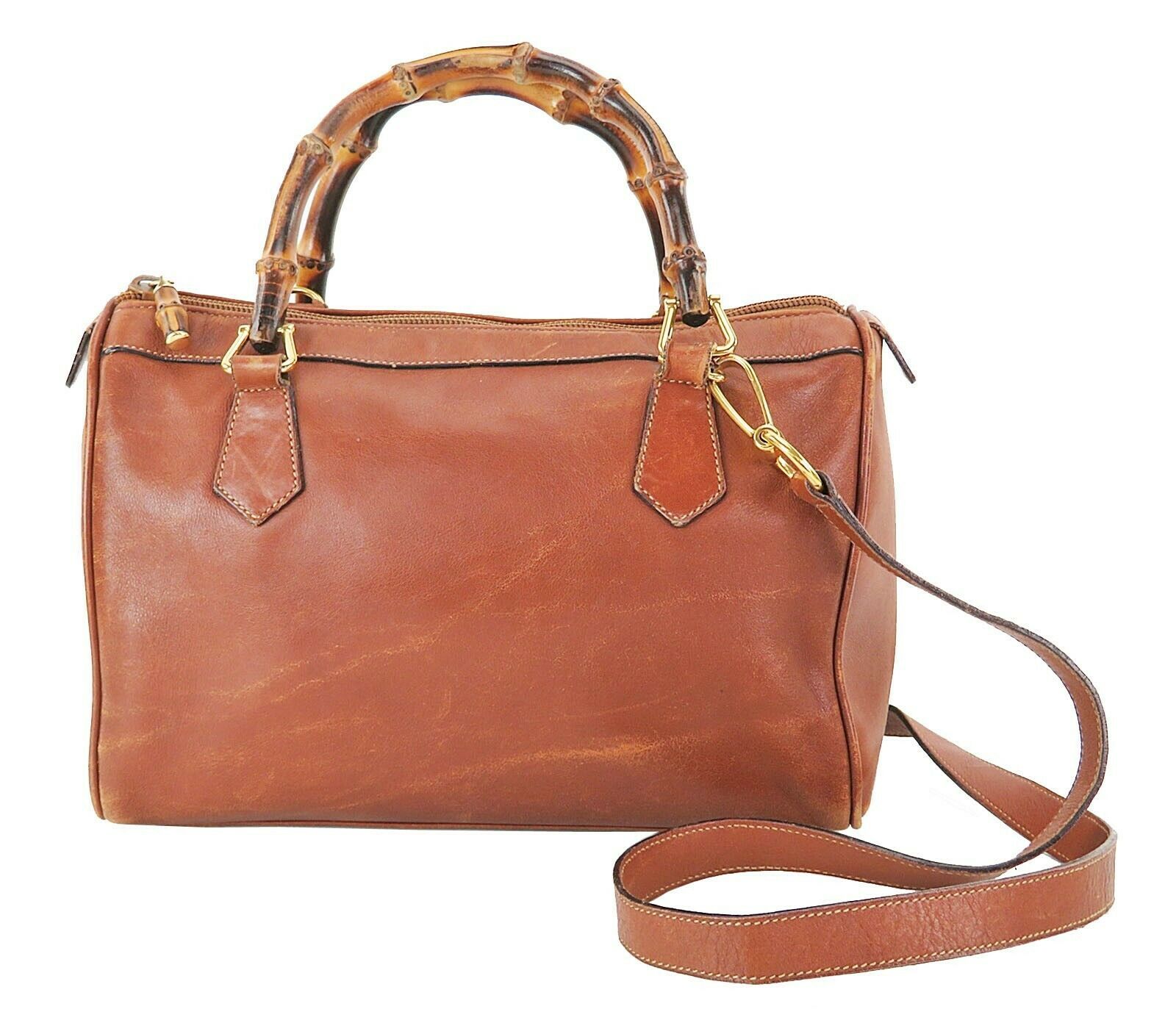 Authentic GUCCI Brown Leather Boston Bamboo Handle 2-Way Shoulder Handbag #35987 - Women's Bags