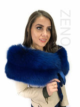Blue Fox Fur Shawl 47' (120cm) Detachable Ribbon Saga Furs Wrap Royal Blue image 3
