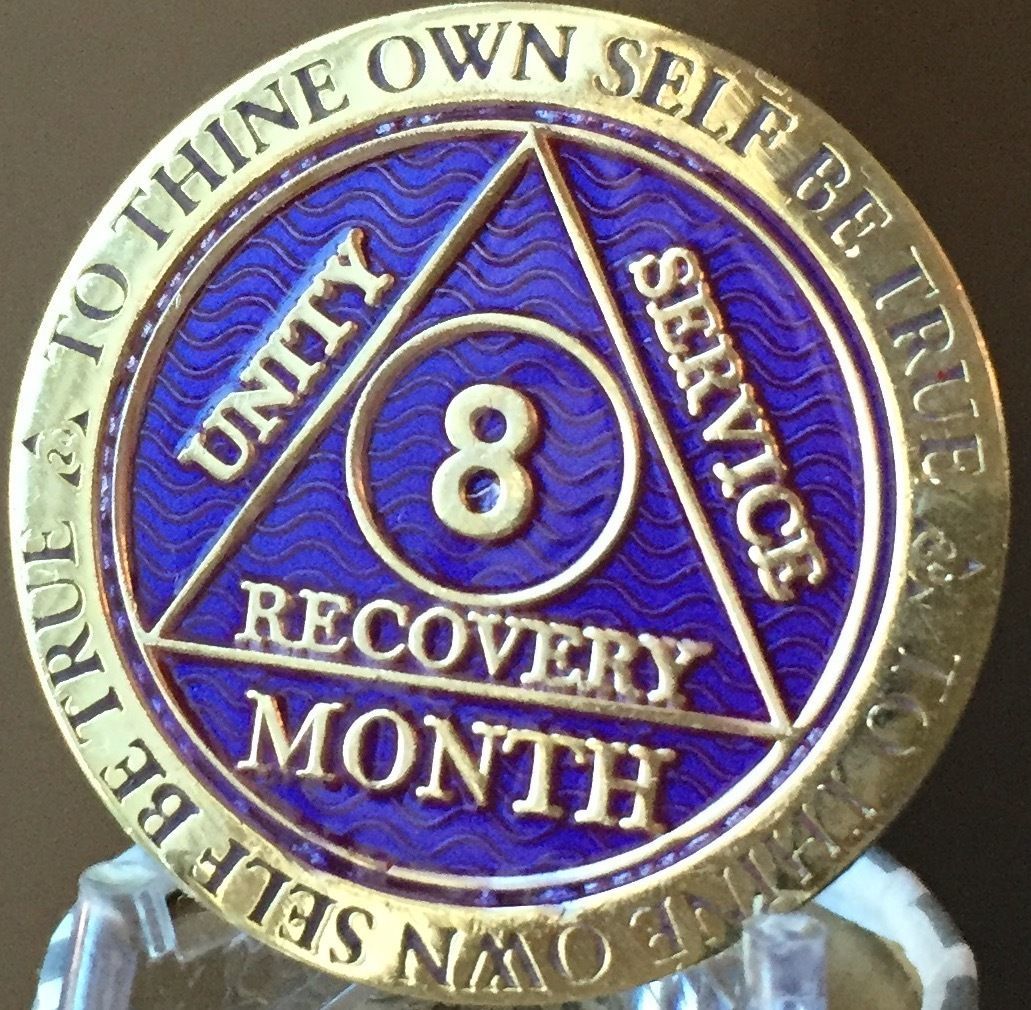 8 Month AA Medallion Reflex Purple Gold Plated Sobriety Chip Coin