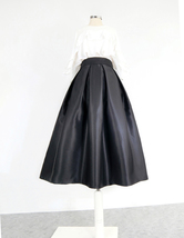 Women Black Pleated Midi Skirt Outfit Black Puffy Pleated Midi Party Skirt Aline image 1