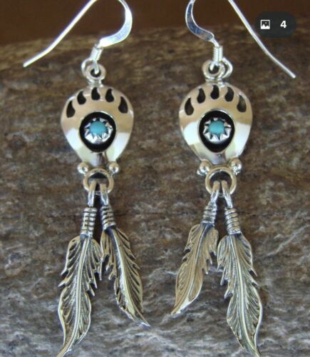 Navajo Inspired Sterling Silver Turquoise Bear Claw Feather Earrings [EAR-261]