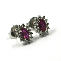 18K WHITE GOLD FLOWER EARRINGS OVAL RUBY 0.55 CARATS, DIAMONDS FRAME 0.28 CARATS image 2