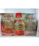 Coca-Cola Canister Set Snack Jar Embossed Clear Glass Wire Bail Lid with... - $27.72