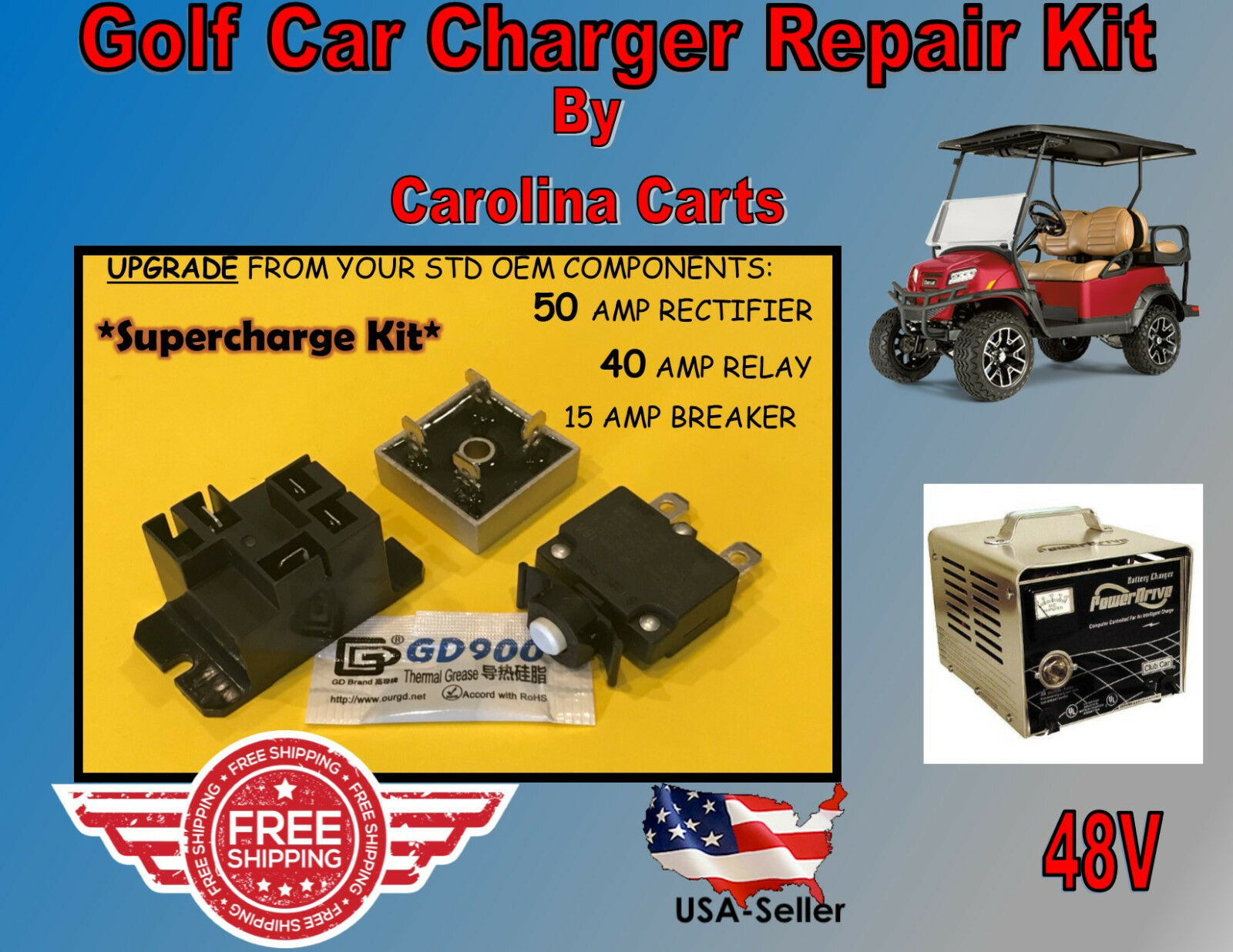 Club Car PowerDrive Battery Charger 22110 Repair Kit Golf Cart 48 UPS