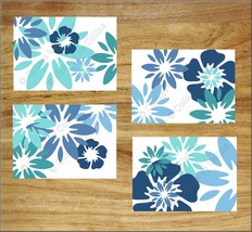 Navy Blue Teal Art Gallery Picture Prints Bathroom Kitchen Bedroom Blooms White - $14.95