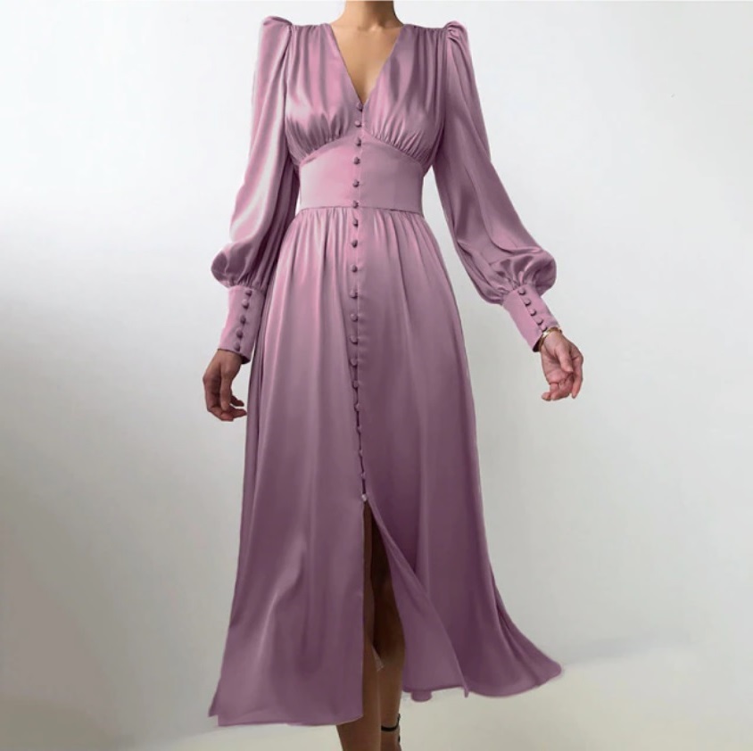 New purple A line button down long sleeve women elegant dress autumn winter