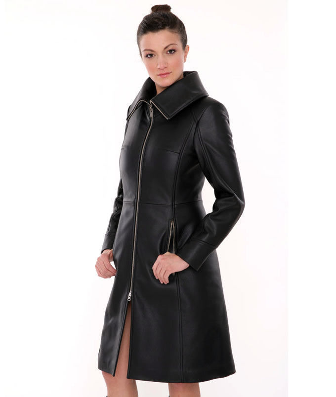 Women Steampunk Coat Black Genuine Leather Fetish Knee Length Kink ...