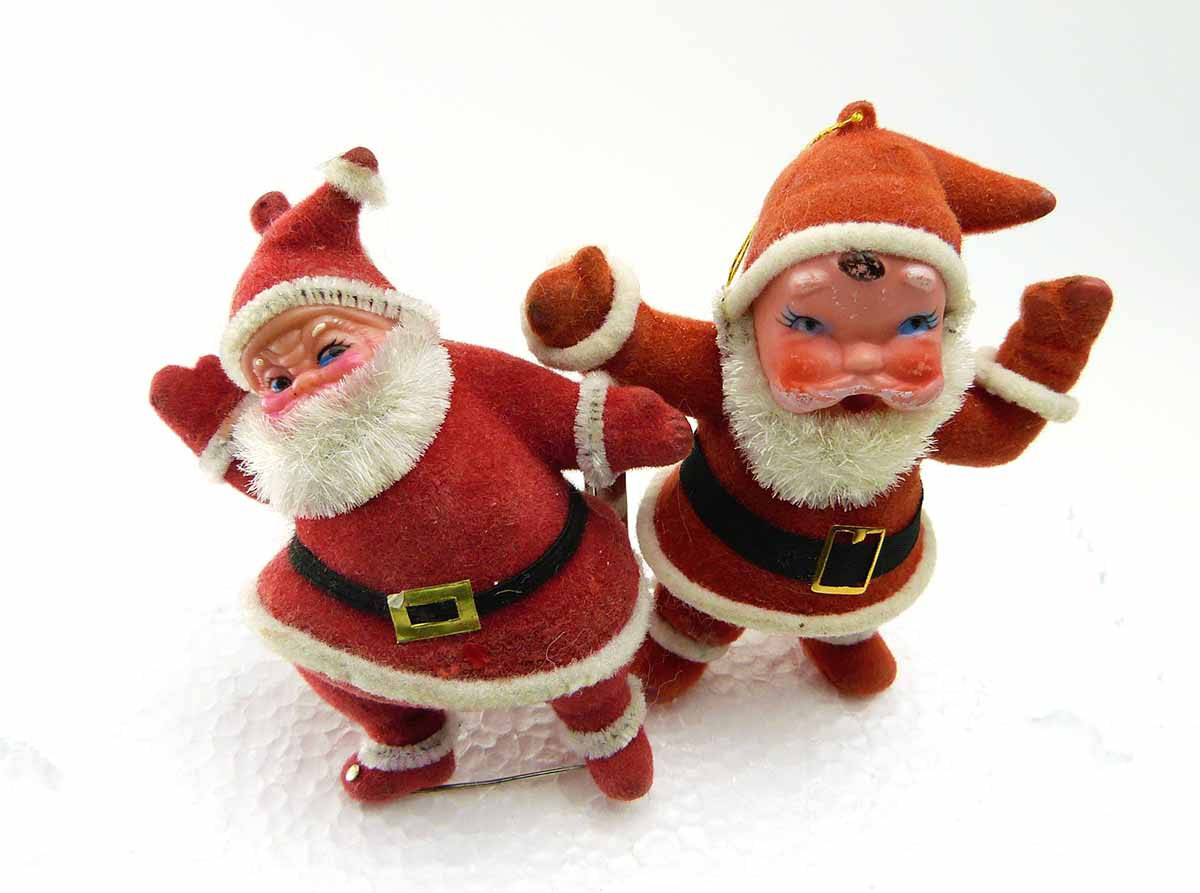 3 Vintage 1960's Plastic Flocked Santa ClausesCollectable Ornaments