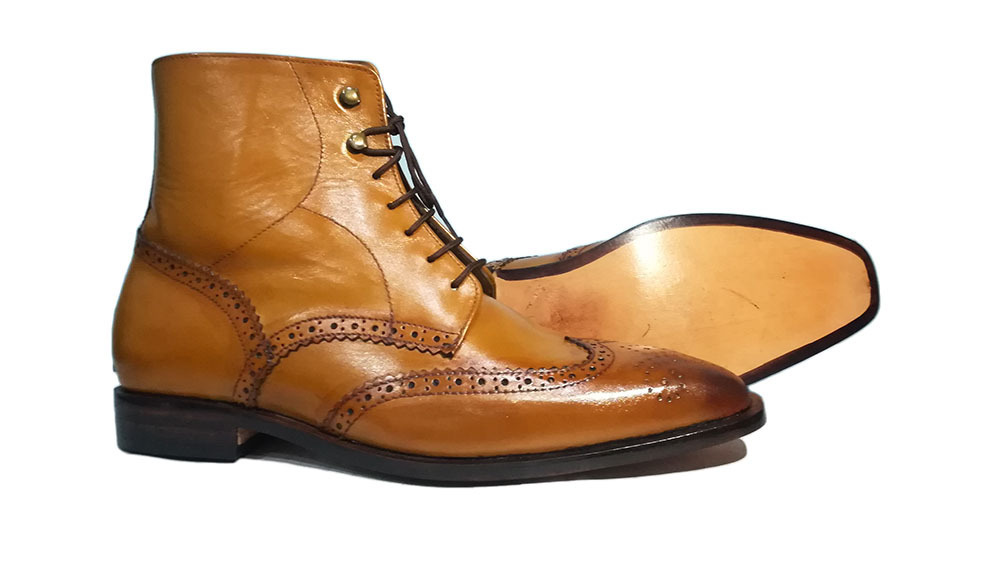 Tan Color Classic Oxford High Ankle Lace Up Customized Leather Wing Tip Boots