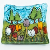 Fused Art Glass Tulips Flower Field Design Soap Trinket Dish Handmade in Ecuador