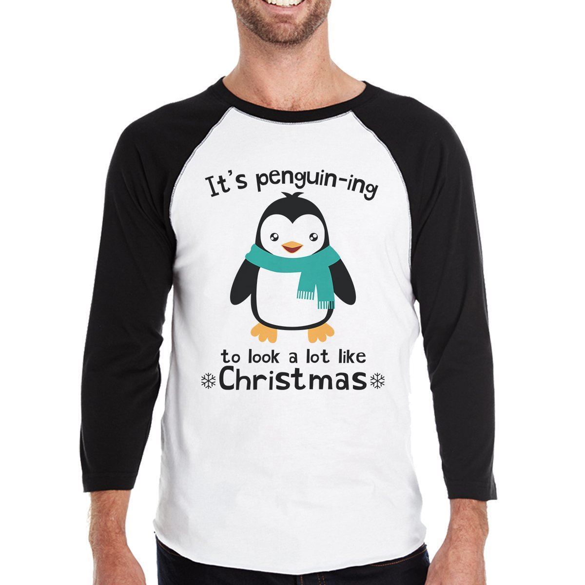 Image of It's Penguin-Ing To Look A Lot Like Christmas Mens Black And White Baseball Shir