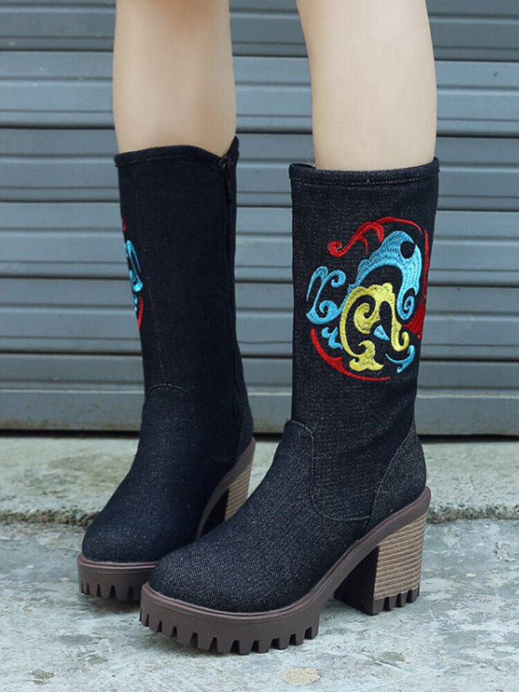 Paisley Pattern Chunky Heel Mid-Calf Boots