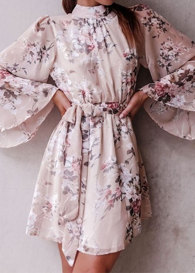 New pink floral long bell sleeve chiffon sexy backless short dress ...