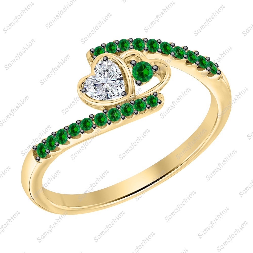 Heart Dia & Green Emerald 14k Yellow Gold 925 Silver Double Heart Wedding Ring