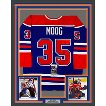 Framed Autographed/Signed Andy Moog 33x42 Edmonton Blue Hockey Jersey JSA COA - $399.99