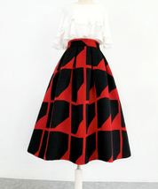Women Vintage Inspired Red Black Midi Party Skirt Wool-blend Pleated Party Skirt image 4