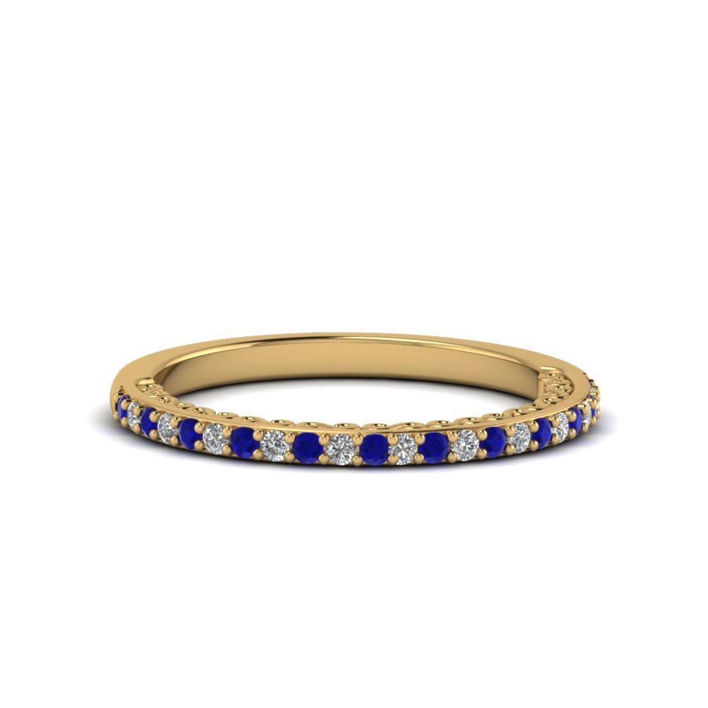 Half Eternity Wedding Band Ring Blue Sapphire & CZ Diamond 14K Yellow Gold FN