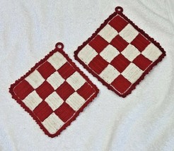 Set of 2 Thick Hand Crocheted Potholders and/or Trivets White &amp; Red Chec... - $18.32