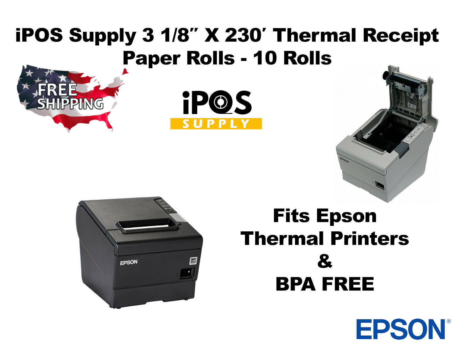 iPOS Supply Receipt Paper 10 Rolls 3 1/8 x 230 for Epson Thermal