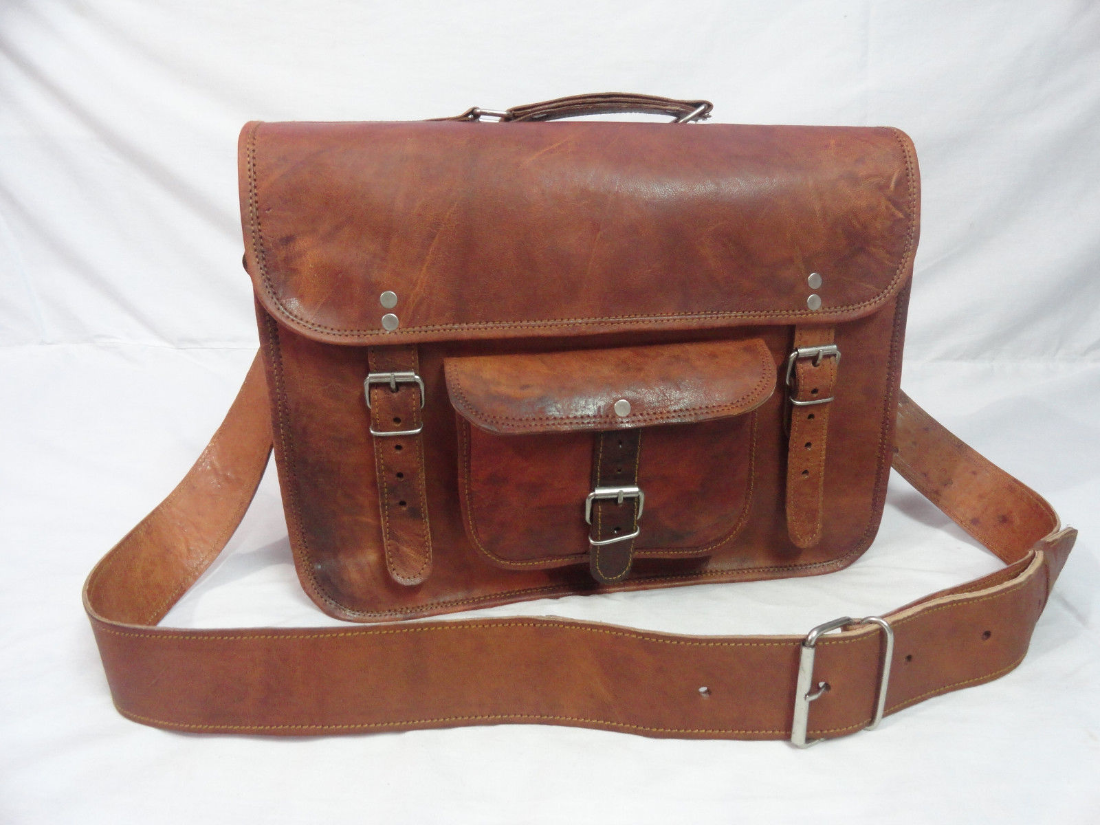 Real Brown Leather Satchel Messenger 15