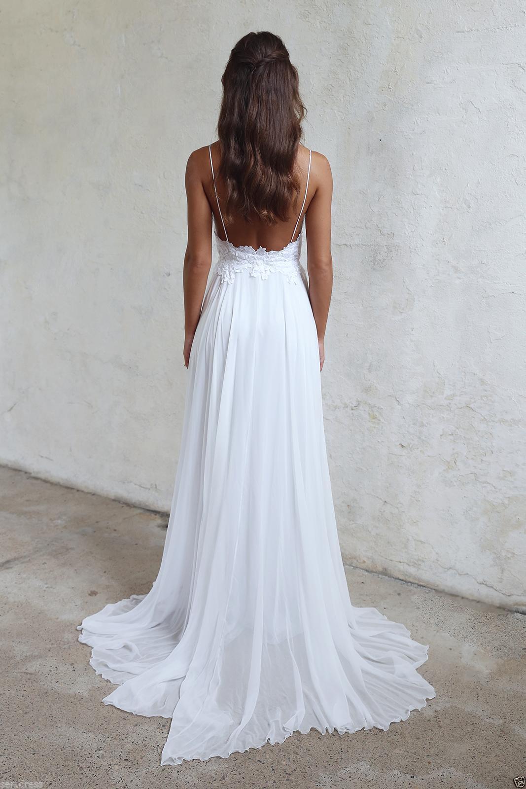 Spaghetti Beach Wedding Dress Lace Chiffon White Ivory Bridal Gown Sexy