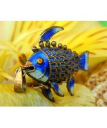 Vintage Fish Koi Articulated Chinese Charm Pendant Enamel Blue Gold   - $42.95