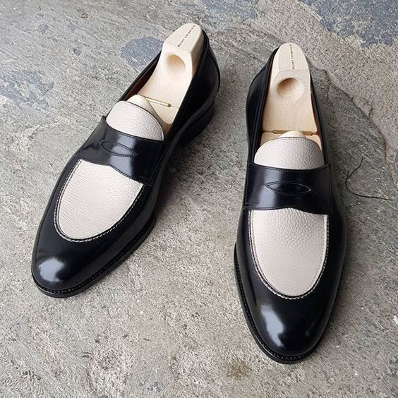 Two Tone Black White Penny Loafer Slip On Real Leather Spectator Shoes ...