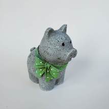 Pig Figurine, Gray Concrete-look Piggy with Green Bow, Resin 3" Animal Figure