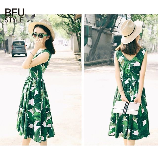 Image of Vintage Summer Dress Women s s Retro Party Dress Banana Leaves Print
