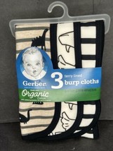 Gerber Baby Boys 3-Pack Burp Cloths Black White Dinosaur Organic Cotton 7.5"x19" - $8.46