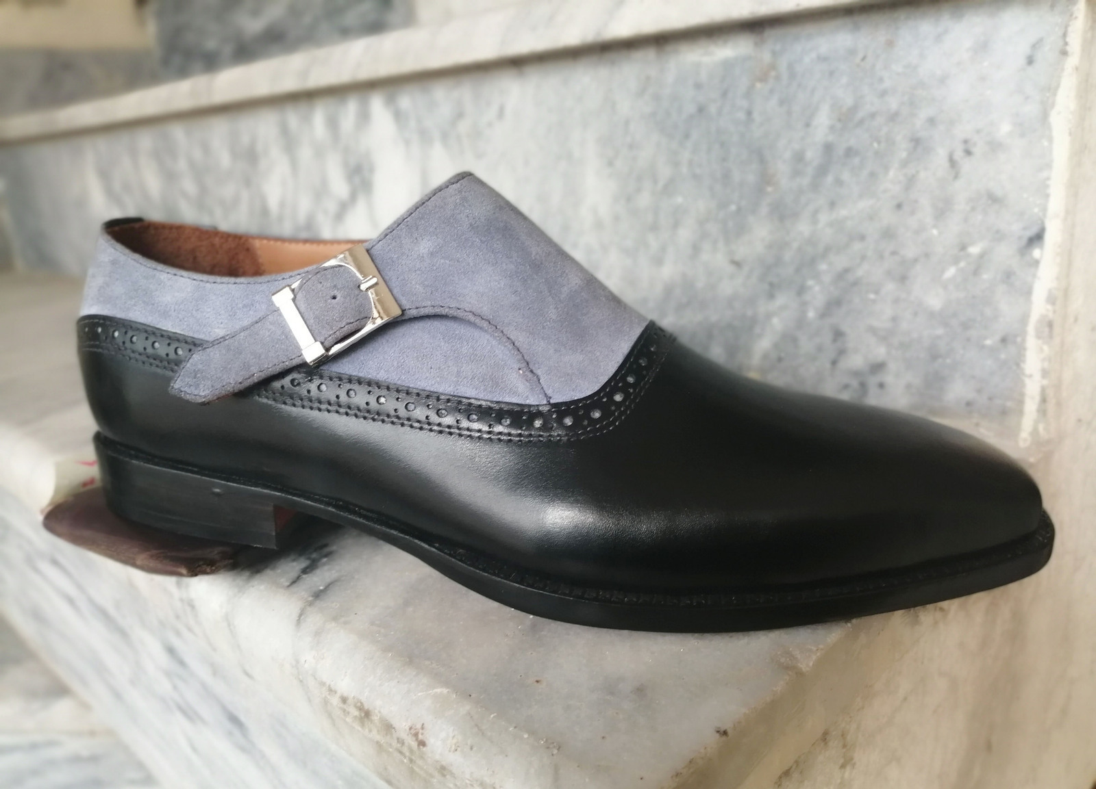 Elegant Men's Gray & Black Handmade Genuine Leather & Suede Monk Strap Shoes