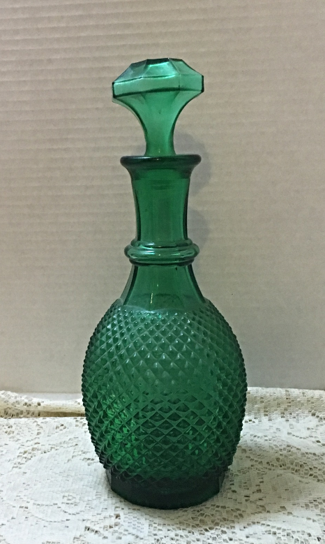 Mid Century Emerald Green Diamond Cut Glass Decanter Genie Bottle Bohemian Decor 1970 Now