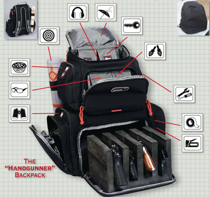 GPS Rolling Handgunner Backpack Shooting Range Bag Pistol Travel Case BLACK/RED Cases