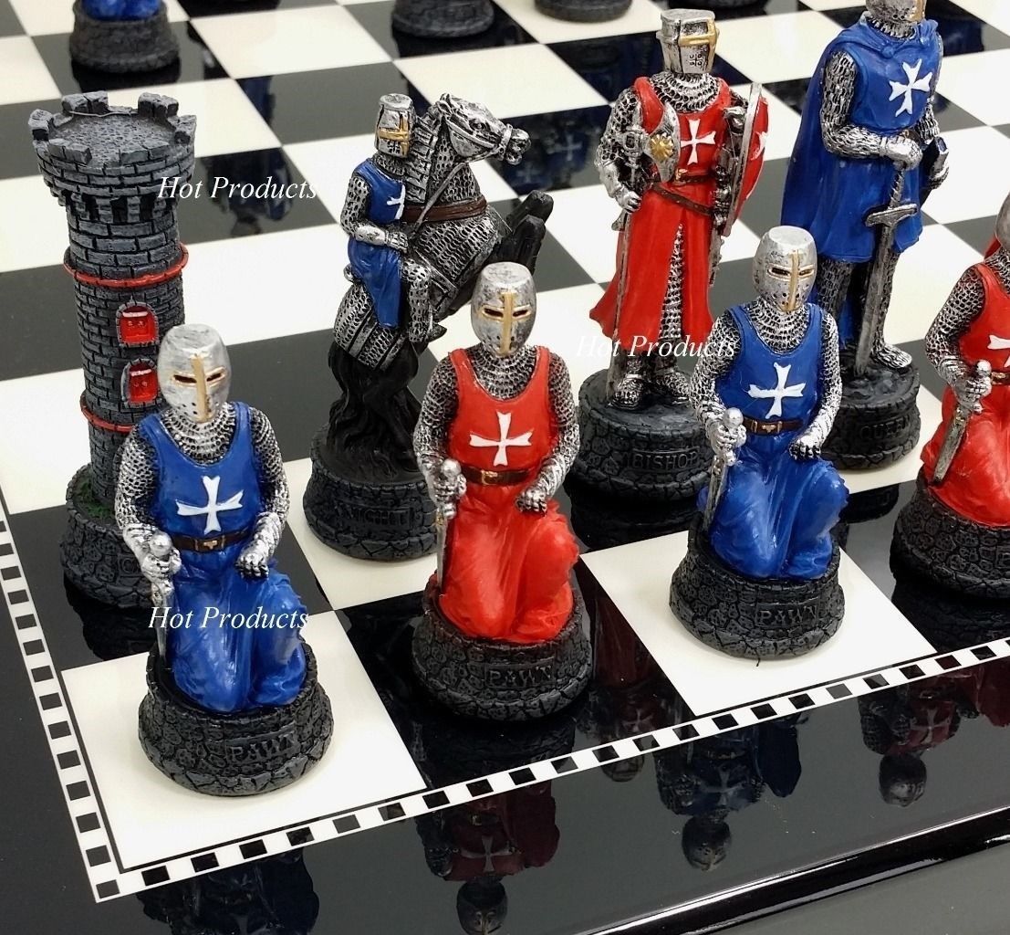 MEDIEVAL TIMES CRUSADES Red & Blue Maltese Knights CHESS SET Gloss ...