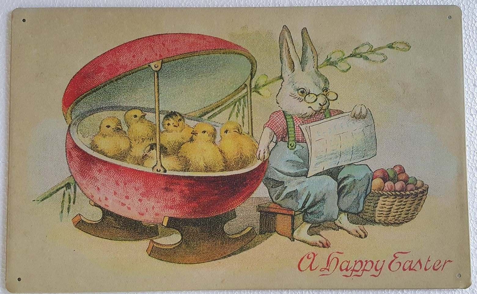 Primary image for A Happy Easter Bunny Chick Eggs Rustic Vintage Metal Sign