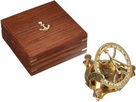 NauticalMart Solid Brass 3" Sundial Compass - W/Inlaid Hardwood Box