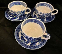 Japan Made Blue Cups Saucers Flow Blue Willow Vintage 3 Cups 3 Saucers - $20.00