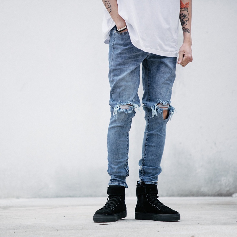 Men's Skinny Vintage Destroyed Cotton Knee Ripped Jeans with Hole