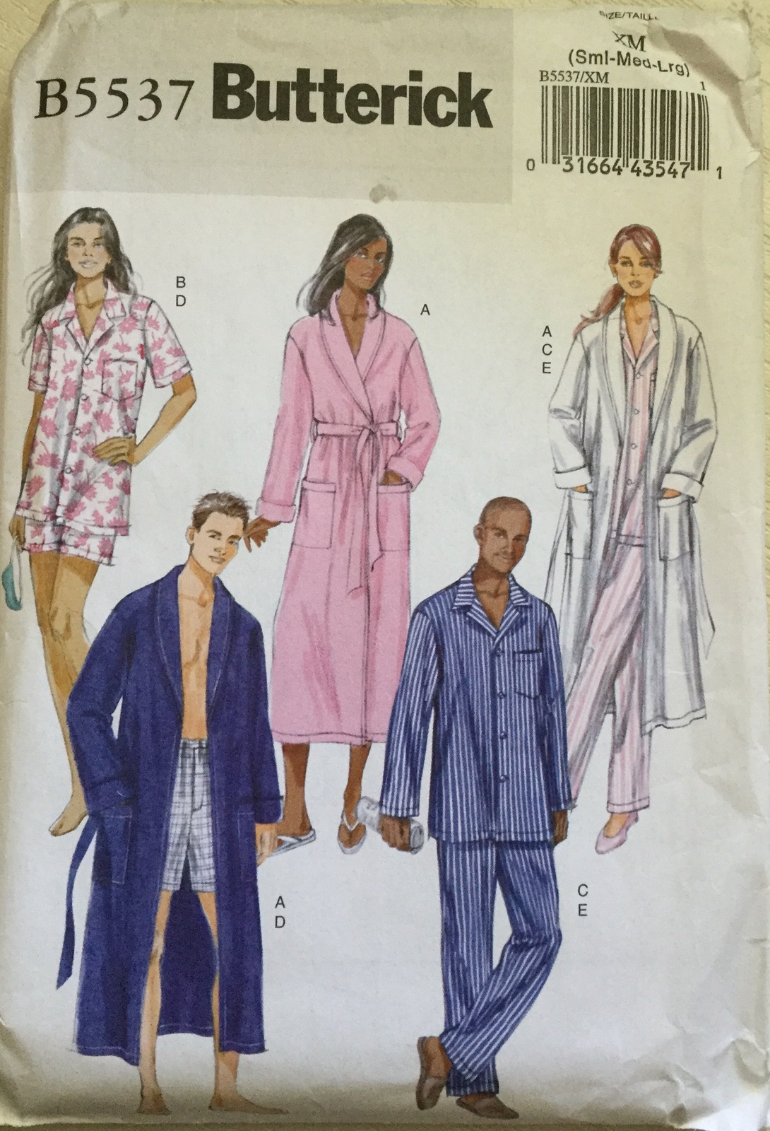 Butterick B5537 Men's & Women's Easy Pajamas with Robe Sizes XM (Sm-Med ...