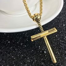 Baseball Bat Cross Pendant Necklace Stainless Steel Design Necklace Gold Plated - $34.60